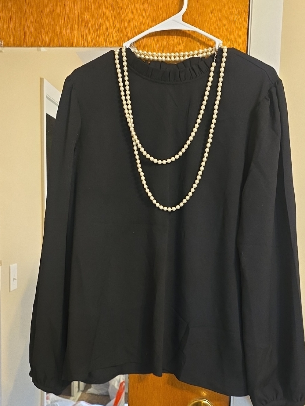 Worthington Black Long-Sleeve Blouse with Ruffled Neckline